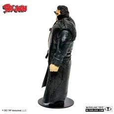 Back view of the Spawn Detective Sam figure in a shiny black trench coat, standing on a black base.