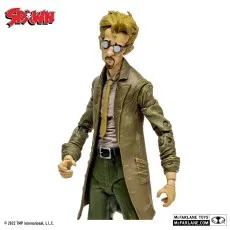 Close-up of the Spawn Twitch figure, a man with glasses and trench coat, wearing a tie and green pants