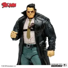 Close-up of the Spawn Sam figure, a bulky man in a shiny black trench coat and tie with a gun harness.