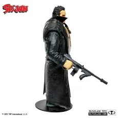 Side profile of the Spawn Detective Sam figure in a black trench coat, holding a machine gun.