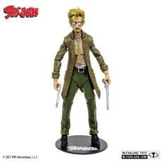 Side profile of the Spawn Detective Sam figure in a shiny black trench coat, standing on a black base.