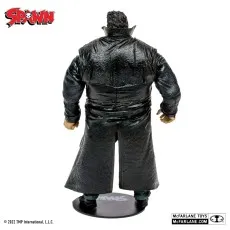 Spawn Detective Sam figure in a black trench coat and tie, holding a machine gun on a black base.