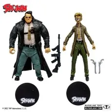 Spawn Detectives Sam and Twitch figures with accessories, including guns, rifle, and display bases.