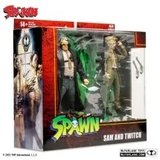 Spawn Sam and Twitch two-pack action figures displayed in a window box with a green-flame backdrop.