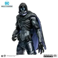 Close-up of the DC Multiverse Abyss figure in black armor, blue eyes glowing under a cowl and mask.