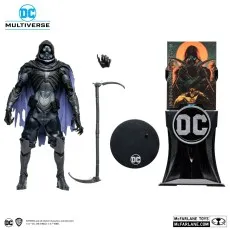 DC Multiverse Abyss figure and accessories scythe, alternate hand, display base, and collector card backdrop.