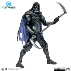 DC Multiverse Abyss figure in black armor, purple cape, and hood, holding a large double-bladed scythe.