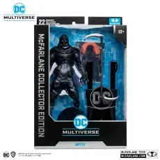 Side view of the DC Multiverse Abyss figure in dark armor, a cowl, and a tattered cape, on a black base.