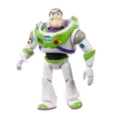 A white and green Buzz Lightyear toy from Toy Story, standing with his arms bent.