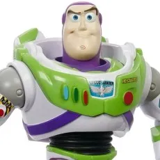 Close-up of the head and chest of a Buzz Lightyear action figure, showing his face and Space Ranger logo..