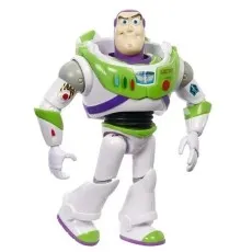 Full-body photo of a Buzz Lightyear action figure with articulated joints, in his classic spacesuit.