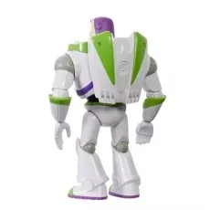 Rear view of the Buzz Lightyear action figure, showing his green and white jetpack and purple hood.