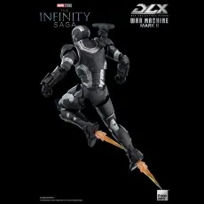 TMarvel Studios DLX War Machine Mark II figure with black and silver armor, shown in an aerial attack pose.