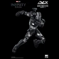 Marvel Studios DLX War Machine Mark II figure with black and silver armor, shown in an aerial attack pose.