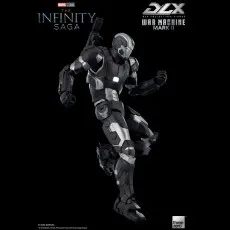 Threezero's War Machine Mark II toy from The Infinity Saga in gray and black armor, mid-movement.