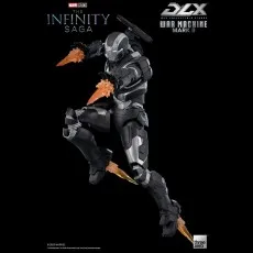 Threezero's War Machine Mark II toy from The Infinity Saga, mid-flight with orange thruster effects.