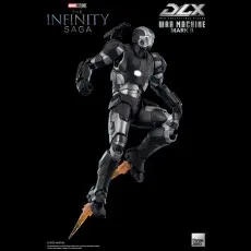 War Machine Mark II DLX figure flying with orange thruster flame effects on a black background.
