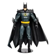 Full body shot of a Batman action figure in a gray and black suit, a yellow utility belt, and a flowing black cape