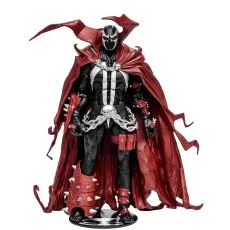 Full body view of the Spawn action figure with his large red flowing cape, white mask, and silver chains
