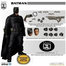 Mezco One12 Batman figure and accessories grappling gun, batarangs, parademon rifle, heads, and hands.