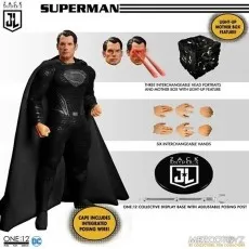 Mezco One12 Black Suit Superman figure and all its accessories, including two heads, Mother Box, and hands.