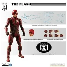 Mezco One12 The Flash action figure and all its accessories, including lightning effects and two heads.
