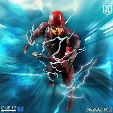 Mezco One12 The Flash action figure running in his red suit, surrounded by blue speed force lightning effects.