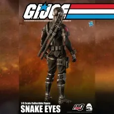 Rear view of the threezero 16 scale Snake Eyes figure, showing katanas sheathed on his back and gear.
