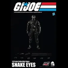 Threezero 16 scale Snake Eyes figure standing over his weapons, swords, and interchangeable hands.