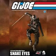 Threezero 16 scale Snake Eyes collectible figure, leaping in the air while wielding a katana.