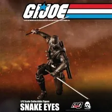 Threezero 16 scale Snake Eyes figure, a G.I. Joe collectible, posed dynamically with two silver katanas.