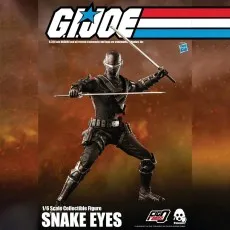 Threezero 16 scale Snake Eyes figure, G.I. Joe collectible, posed dynamically with two katanas held out.