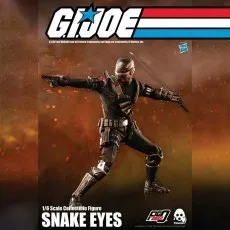 Threezero G.I. Joe Snake Eyes 16 scale figure with a black suit, aiming a pistol and wielding a katana.