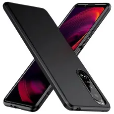 Two black slim phone cases for a smartphone with a vertical rear camera array, crossed in an 'X' shape.