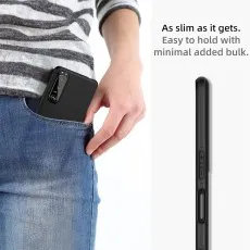 A hand holding a black smartphone with an X-level black case, showing the vertical camera array.