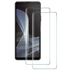 Two clear tempered glass screen protectors shown overlaying a black smartphone display.