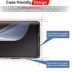 Diagram showing Sony Xperia 10 III screen protector is sized smaller for case friendly design and space.