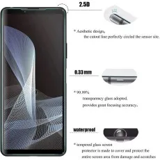 Screen protector features $2.5text{D}$ edge, $0.33text{mm}$ thickness, $99.99%$ transparency, and waterproof design