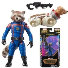 Marvel Legends Rocket Raccoon action figure with alternate dog-like armor, rifle accessory, and packaging.