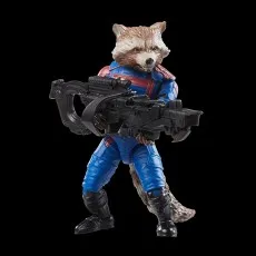 Action figure of Rocket Raccoon standing and aiming a very large black weapon against a black background.