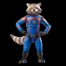 Action figure of Rocket Raccoon standing confidently with hands on hips in his blue and red uniform.
