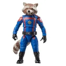 Full-body shot of the Rocket Raccoon action figure in his blue and red Guardians of the Galaxy uniform.