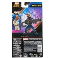 Back of the Marvel Legends Rocket box showing figure with large gun and Cosmo Build-A-Figure part.