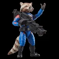 Rocket Raccoon action figure in blue suit posing with a massive weapon, one hand raised, on black.