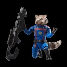 Marvel Legends Rocket Raccoon action figure with alternate dog-like armor, rifle accessory, and packaging.
