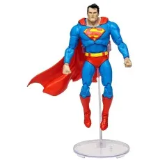 Action figure of Superman hovering with hands clenched, wearing his classic blue and red suit and red cape.