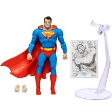 Complete Superman action figure set with flight stand, extra hands, and a black-and-white art card.