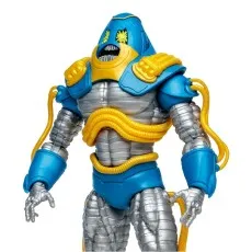 Close-up of the Anti-Monitor action figure showing silver body, blue armor, and yellow tubing details