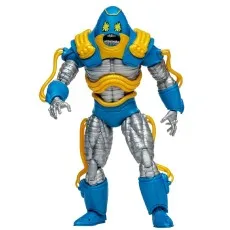 McFarlane Anti-Monitor action figure, full-frontal view, blue armor, silver body, and bright yellow energy tubes.