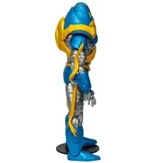Side profile of the Anti-Monitor action figure showing blue armor, silver torso, and yellow tubing on a black stand.